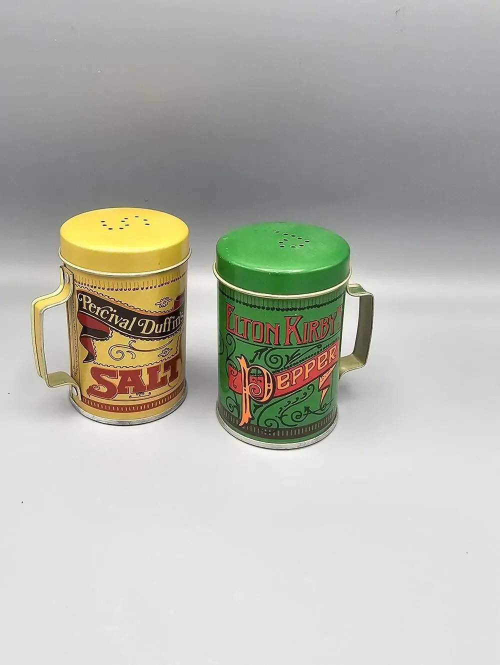 Vintage Percival Duffin's Salt and Elton Kirby's Pepper Shakers - Metal Canister
